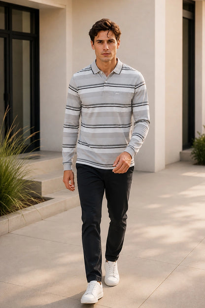 Beige Striped Cotton Men Full Sleeve Polo T Shirts With Pocket