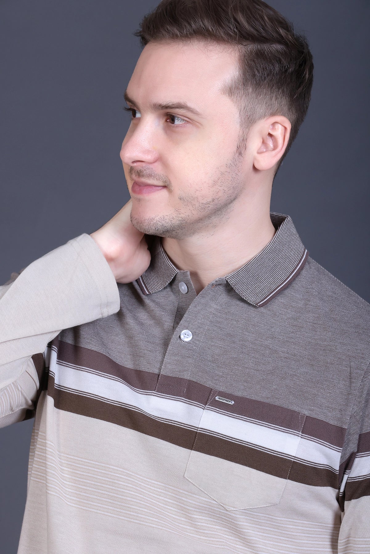 Beige Striped Cotton Men Full Sleeve Polo T Shirts With Pocket