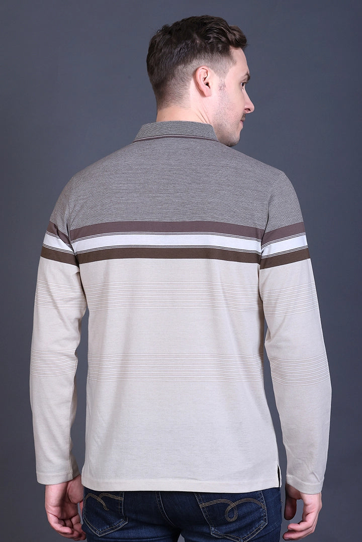 Beige Striped Cotton Men Full Sleeve Polo T Shirts With Pocket