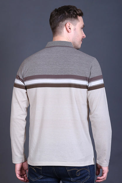 Beige Striped Cotton Men Full Sleeve Polo T Shirts With Pocket