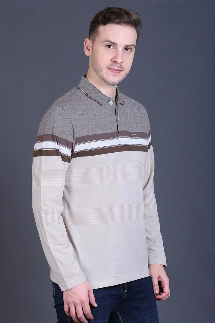 Beige Striped Cotton Men Full Sleeve Polo T Shirts With Pocket
