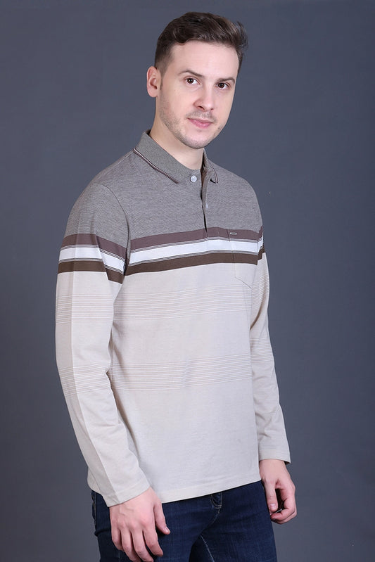 Beige Striped Cotton Men Full Sleeve Polo T Shirts With Pocket