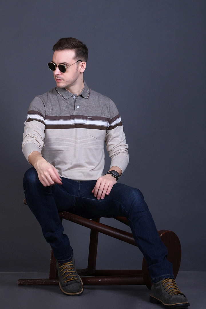 Beige Striped Cotton Men Full Sleeve Polo T Shirts With Pocket