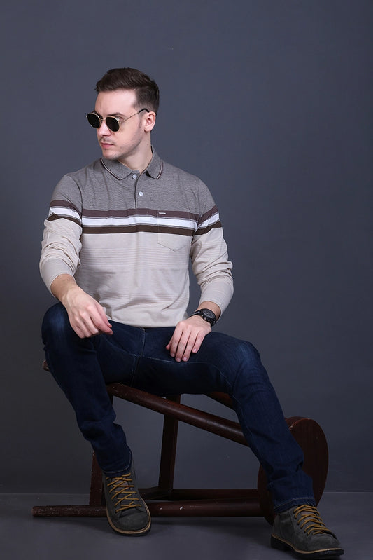 Beige Striped Cotton Men Full Sleeve Polo T Shirts With Pocket