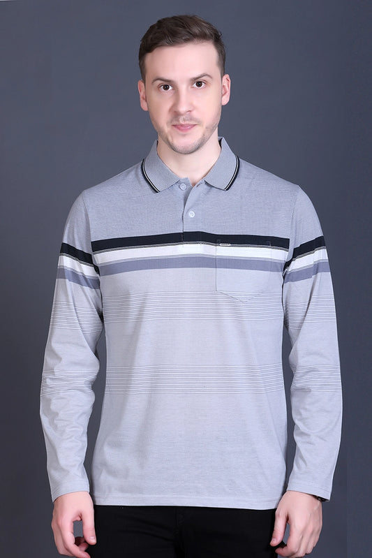 Light Grey Striped Cotton Men Full Sleeve Polo T Shirts With Pocket