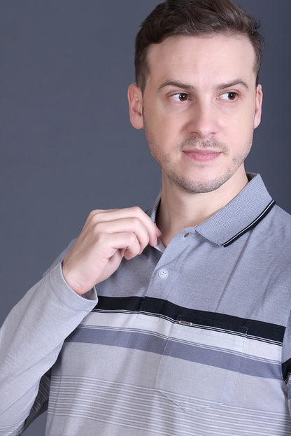 Light Grey Striped Cotton Men Full Sleeve Polo T Shirts With Pocket