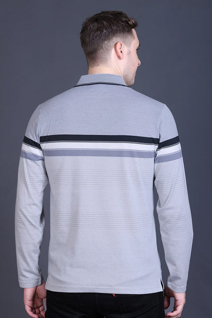 Light Grey Striped Cotton Men Full Sleeve Polo T Shirts With Pocket