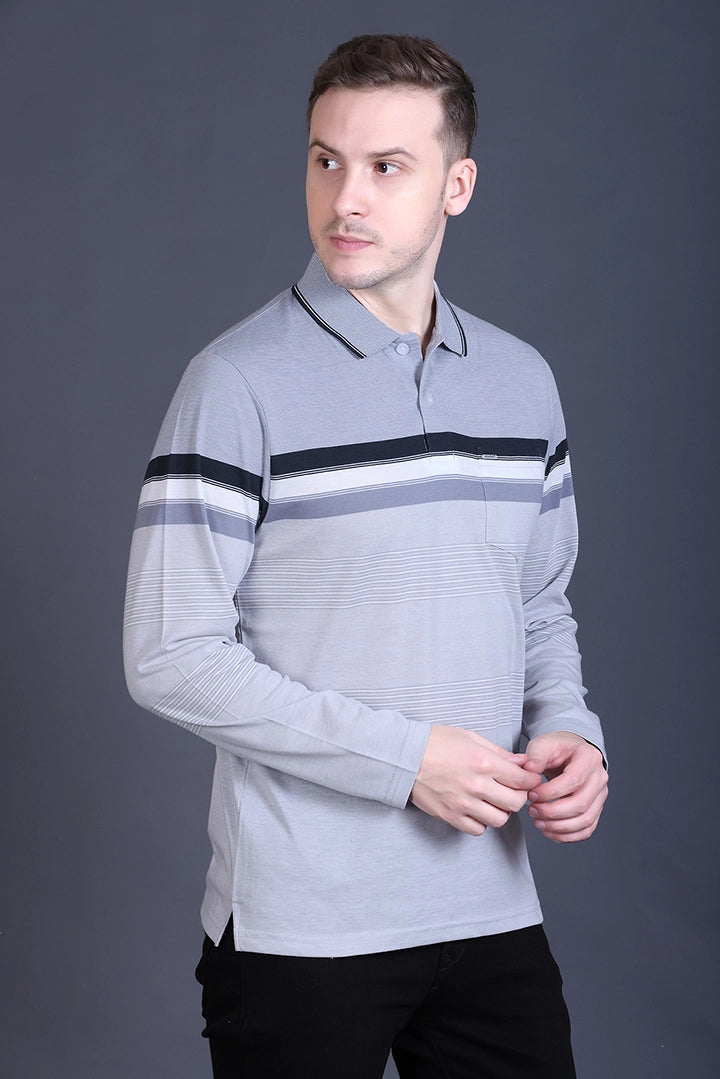 Light Grey Striped Cotton Men Full Sleeve Polo T Shirts With Pocket