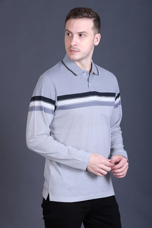 Light Grey Striped Cotton Men Full Sleeve Polo T Shirts With Pocket