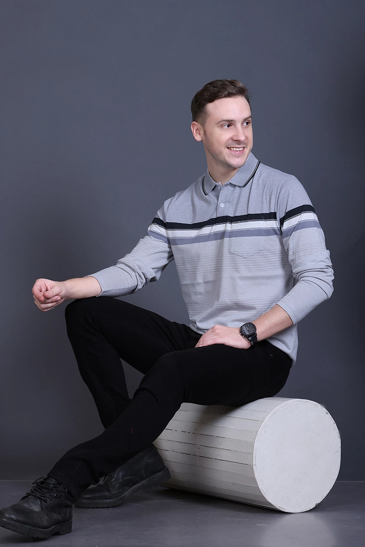 Light Grey Striped Cotton Men Full Sleeve Polo T Shirts With Pocket