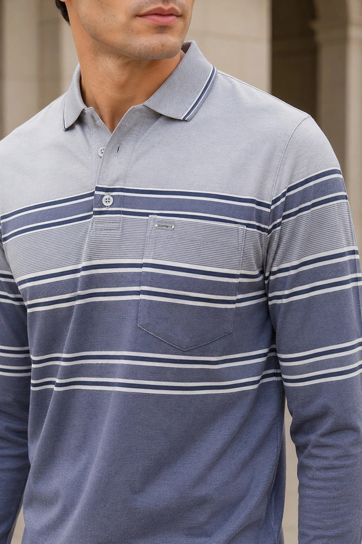 Denim Striped Cotton Men Full Sleeve Polo T Shirts With Pocket