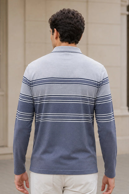 Denim Striped Cotton Men Full Sleeve Polo T Shirts With Pocket