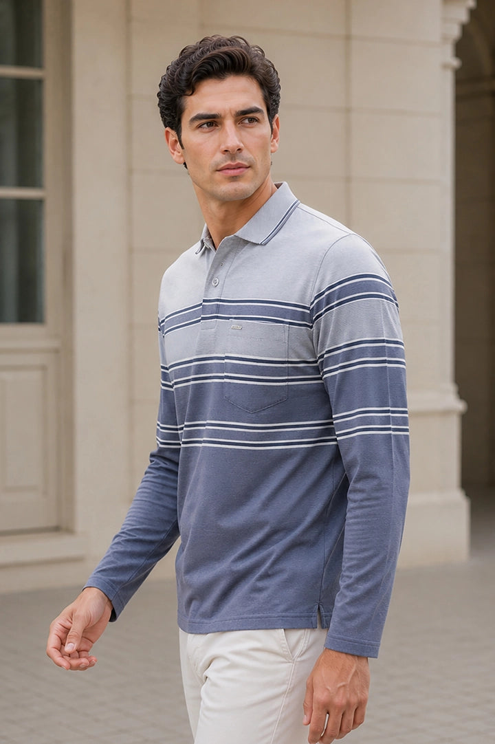 Denim Striped Cotton Men Full Sleeve Polo T Shirts With Pocket