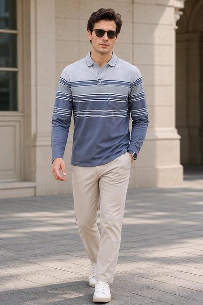 Denim Striped Cotton Men Full Sleeve Polo T Shirts With Pocket
