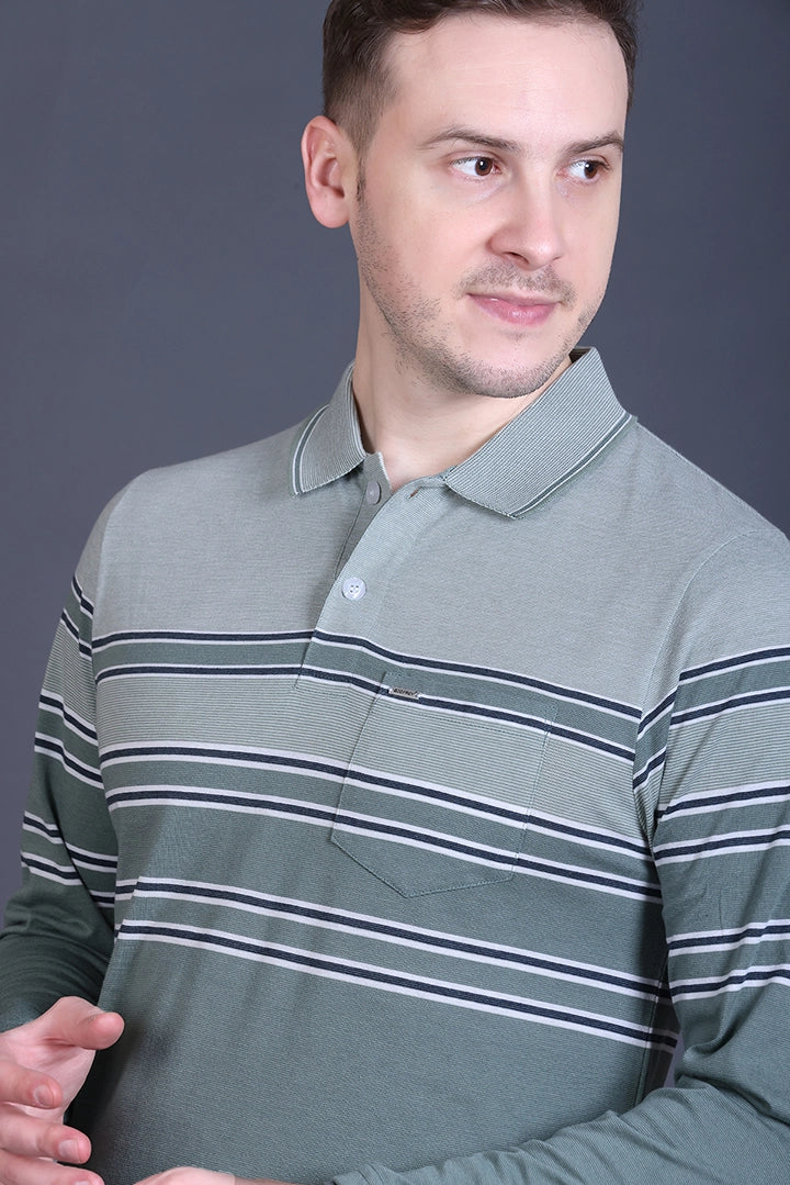 Roasted Green Striped Cotton Men Full Sleeve Polo T Shirts With Pocket
