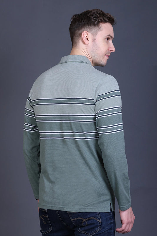 Roasted Green Striped Cotton Men Full Sleeve Polo T Shirts With Pocket