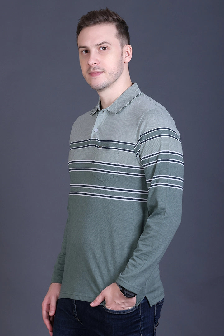 Roasted Green Striped Cotton Men Full Sleeve Polo T Shirts With Pocket