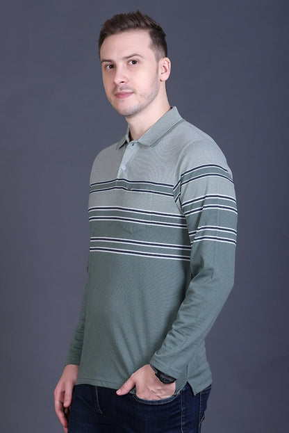 Roasted Green Striped Cotton Men Full Sleeve Polo T Shirts With Pocket