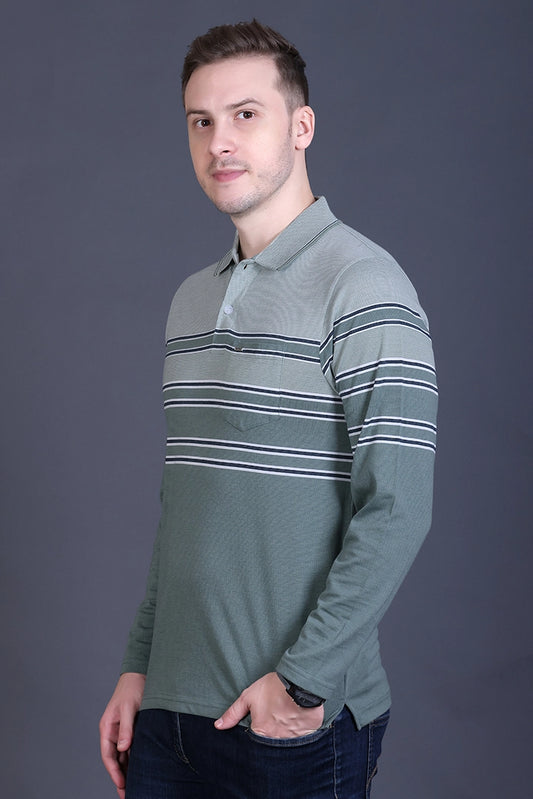 Roasted Green Striped Cotton Men Full Sleeve Polo T Shirts With Pocket