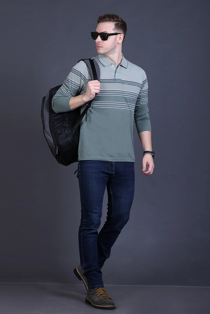 Roasted Green Striped Cotton Men Full Sleeve Polo T Shirts With Pocket