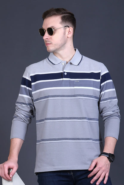 Denim Striped Cotton Men Full Sleeve Polo T Shirts With Pocket