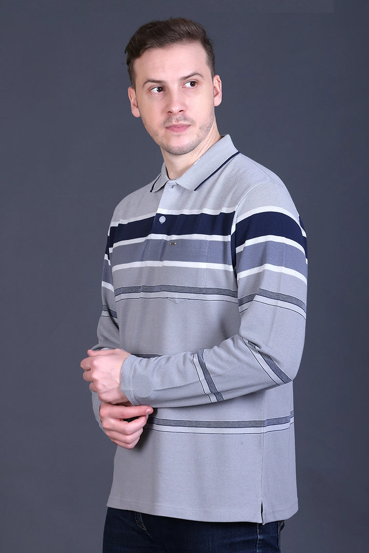 Denim Striped Cotton Men Full Sleeve Polo T Shirts With Pocket