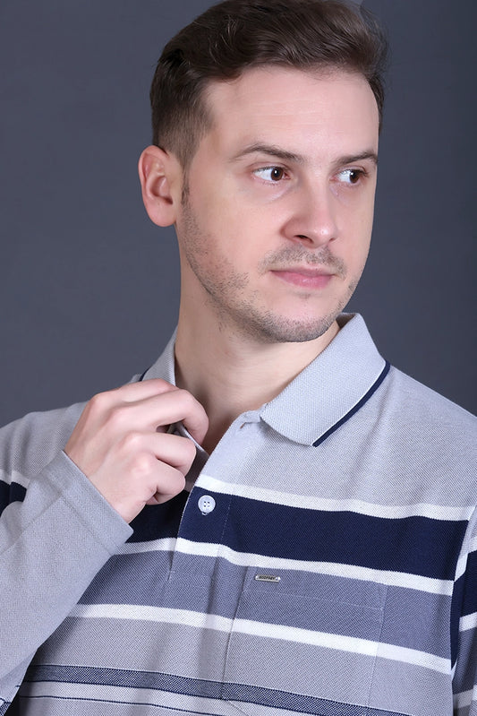 Denim Striped Cotton Men Full Sleeve Polo T Shirts With Pocket