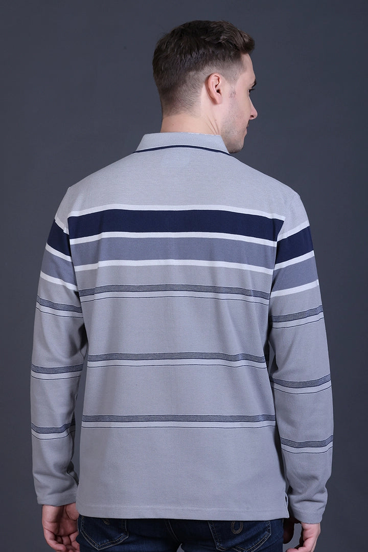 Denim Striped Cotton Men Full Sleeve Polo T Shirts With Pocket