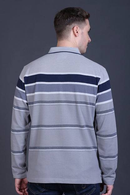 Denim Striped Cotton Men Full Sleeve Polo T Shirts With Pocket
