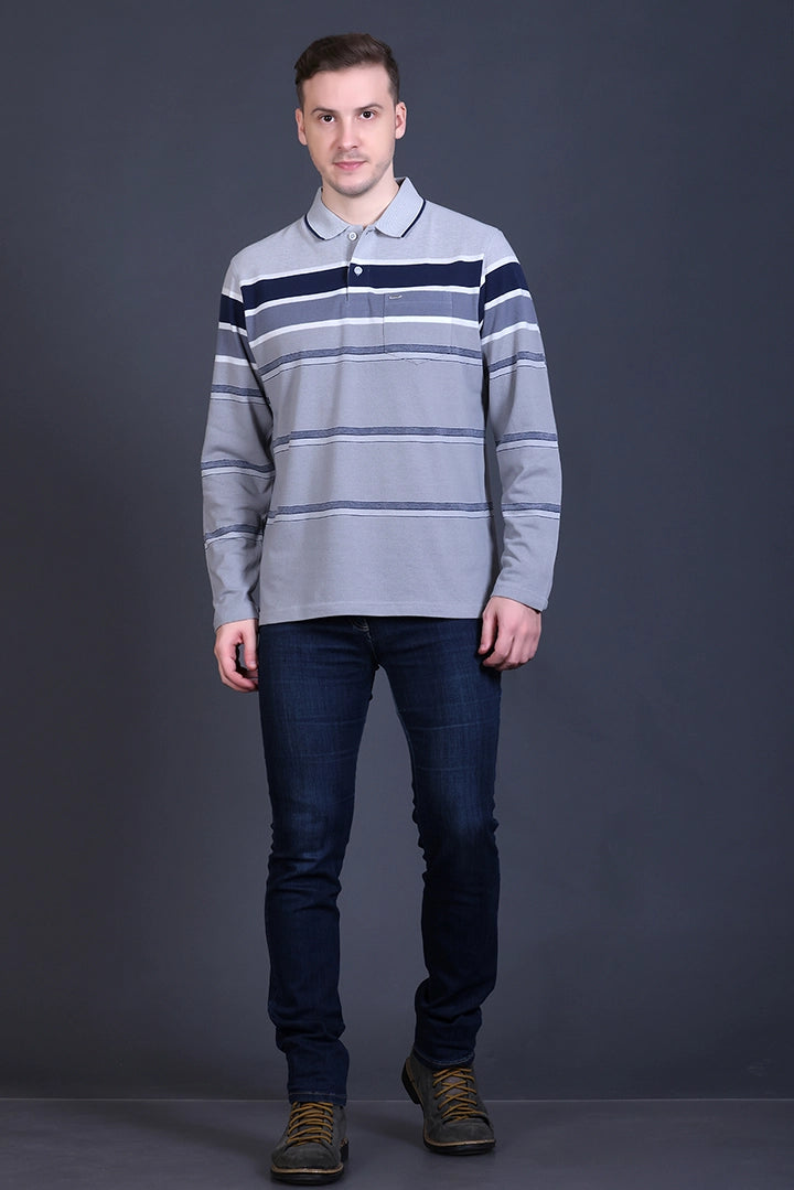 Denim Striped Cotton Men Full Sleeve Polo T Shirts With Pocket