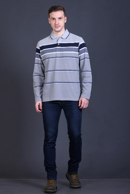 Denim Striped Cotton Men Full Sleeve Polo T Shirts With Pocket