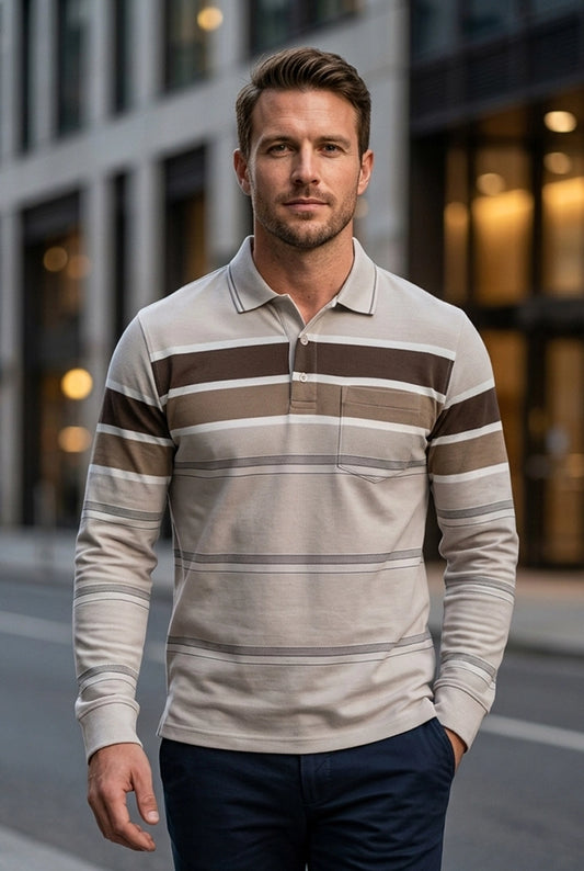 Beige Striped Cotton Men Full Sleeve Polo T Shirts With Pocket