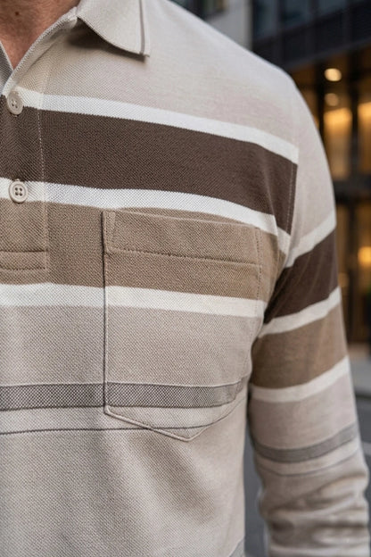 Beige Striped Cotton Men Full Sleeve Polo T Shirts With Pocket