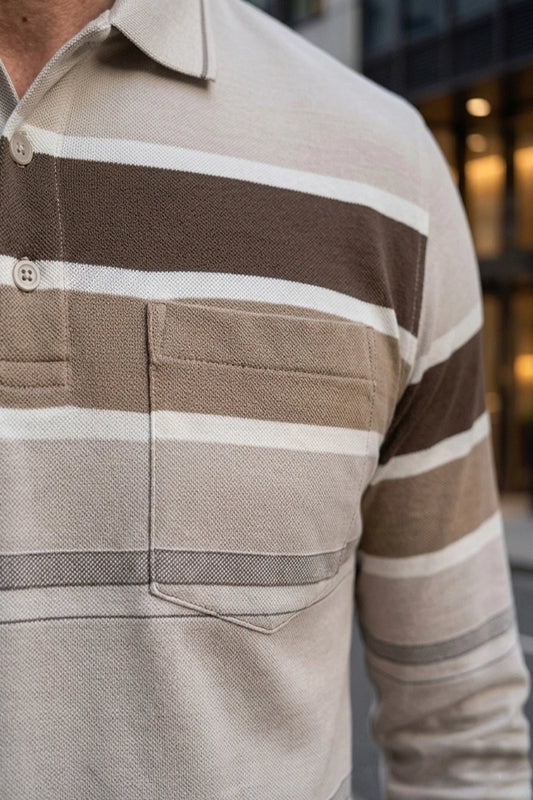 Beige Striped Cotton Men Full Sleeve Polo T Shirts With Pocket