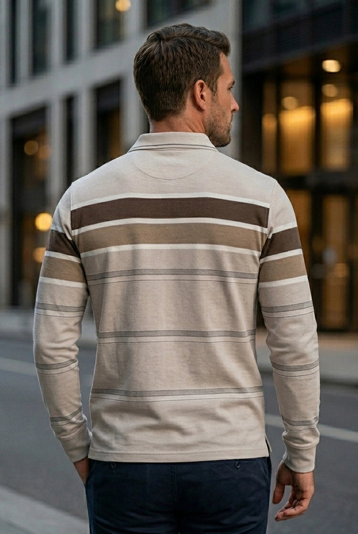 Beige Striped Cotton Men Full Sleeve Polo T Shirts With Pocket