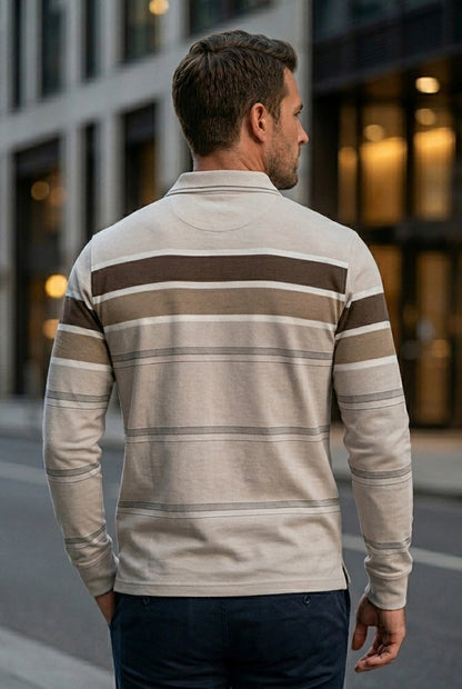 Beige Striped Cotton Men Full Sleeve Polo T Shirts With Pocket