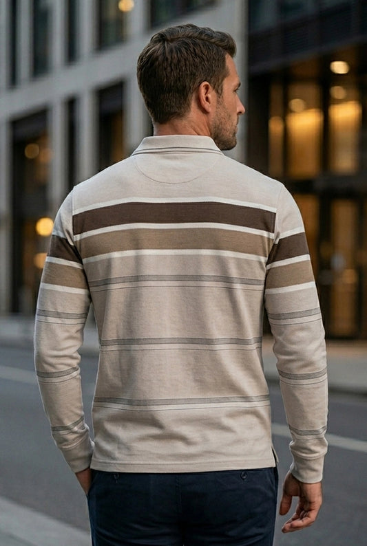 Beige Striped Cotton Men Full Sleeve Polo T Shirts With Pocket