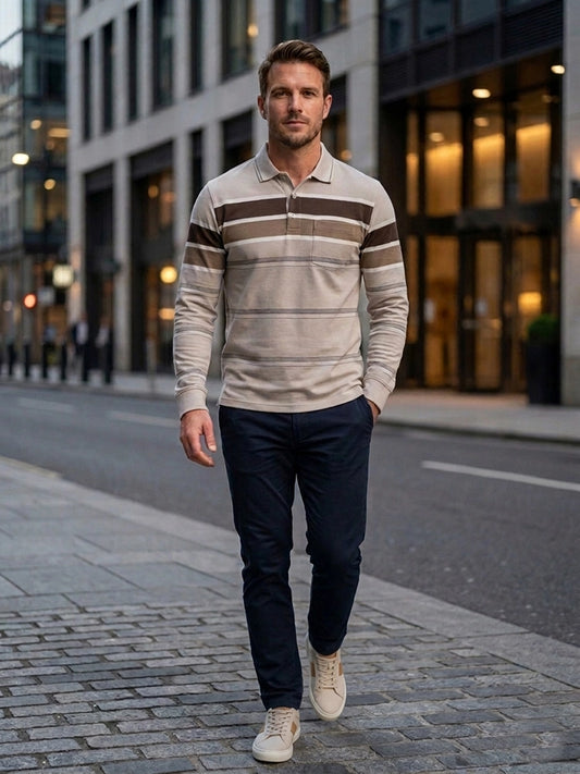 Beige Striped Cotton Men Full Sleeve Polo T Shirts With Pocket