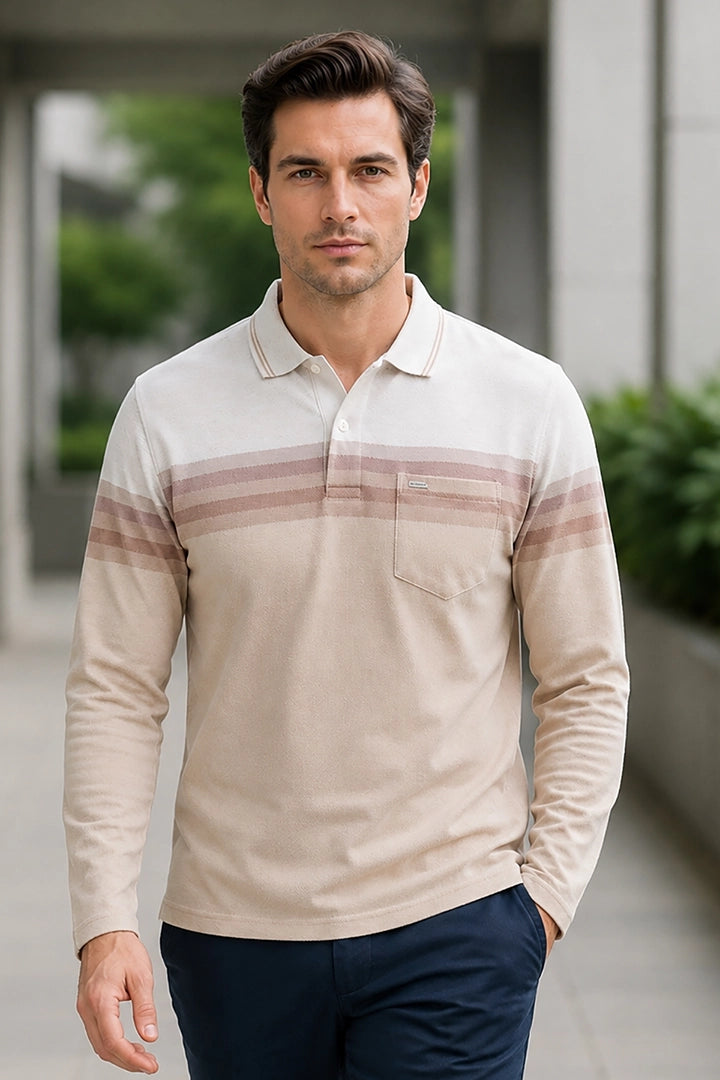 Beige Striped Cotton Men Full Sleeve Polo T Shirts With Pocket