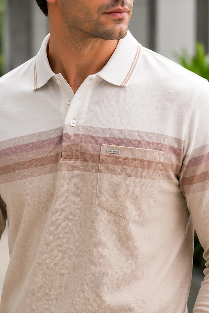 Beige Striped Cotton Men Full Sleeve Polo T Shirts With Pocket