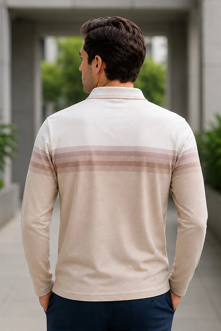 Beige Striped Cotton Men Full Sleeve Polo T Shirts With Pocket