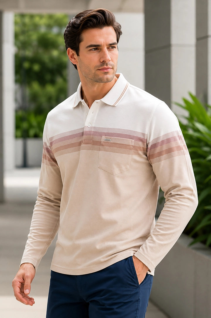Beige Striped Cotton Men Full Sleeve Polo T Shirts With Pocket