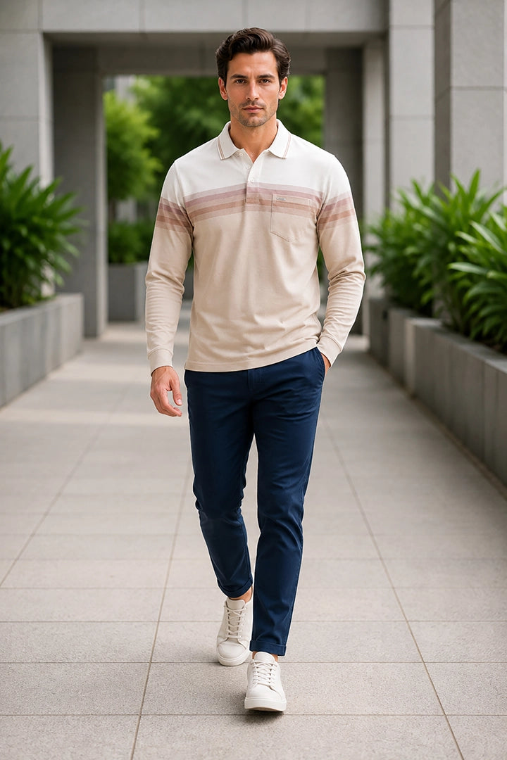 Beige Striped Cotton Men Full Sleeve Polo T Shirts With Pocket