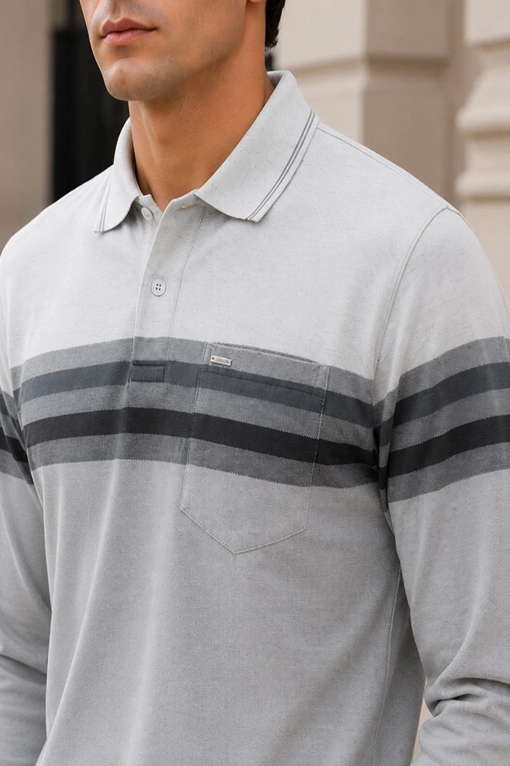 Medium Grey Striped Cotton Men Full Sleeve Polo T Shirts With Pocket