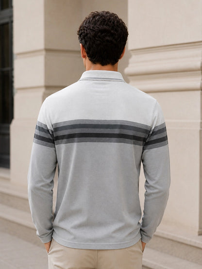 Medium Grey Striped Cotton Men Full Sleeve Polo T Shirts With Pocket
