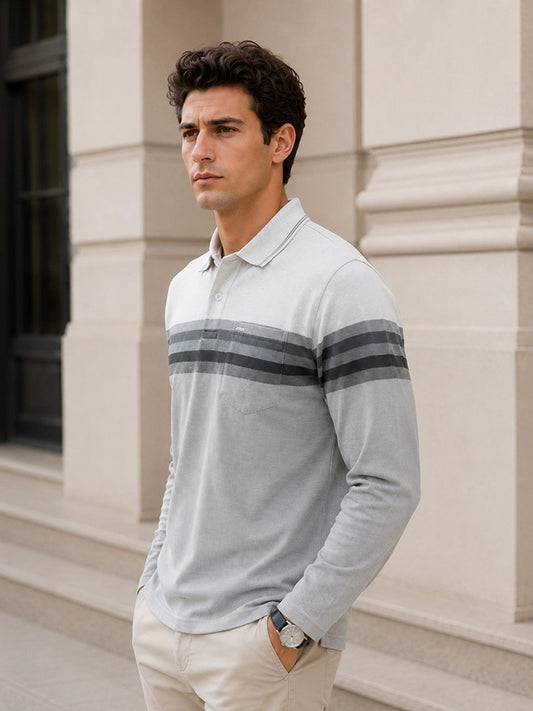 Medium Grey Striped Cotton Men Full Sleeve Polo T Shirts With Pocket