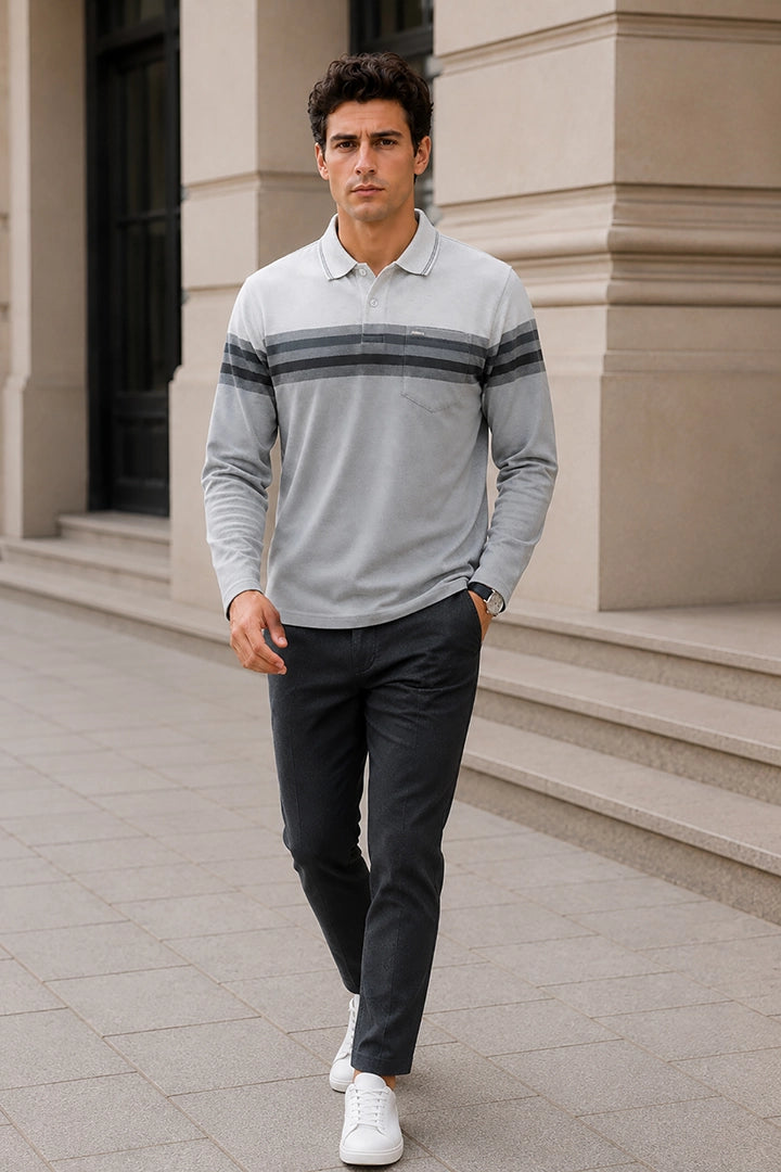 Medium Grey Striped Cotton Men Full Sleeve Polo T Shirts With Pocket