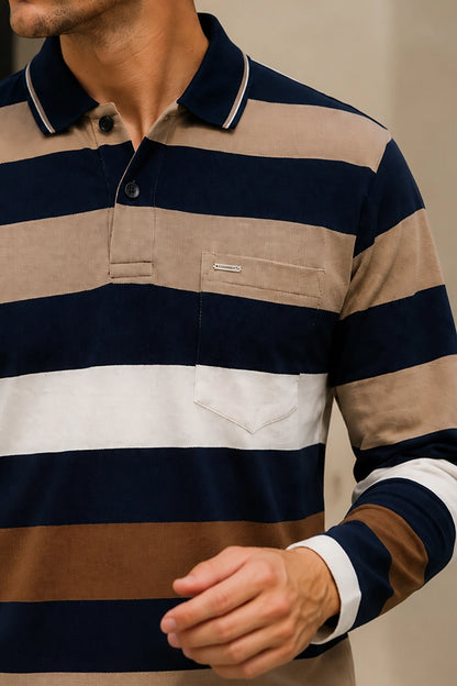Navy Striped Cotton Men Full Sleeve Polo T Shirts With Pocket