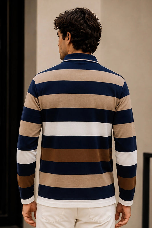 Navy Striped Cotton Men Full Sleeve Polo T Shirts With Pocket