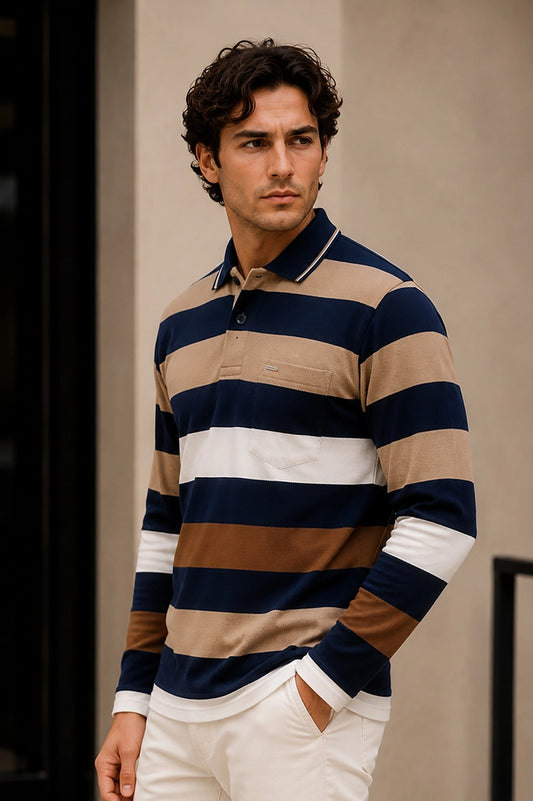Navy Striped Cotton Men Full Sleeve Polo T Shirts With Pocket